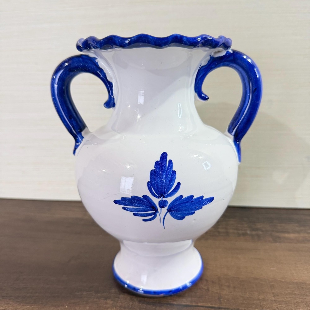 Sanguino Toledo Spanish Pottery Vase: Blue White Handled Amphora Urn T43